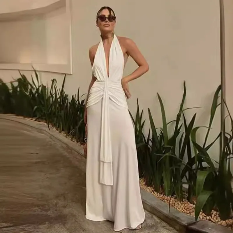 

2024 Summer Elegant Solid Backless Pleated Long Dress Women V Neck Halter Sleeveless Bandage Zipper Slim Club Street Party Robe