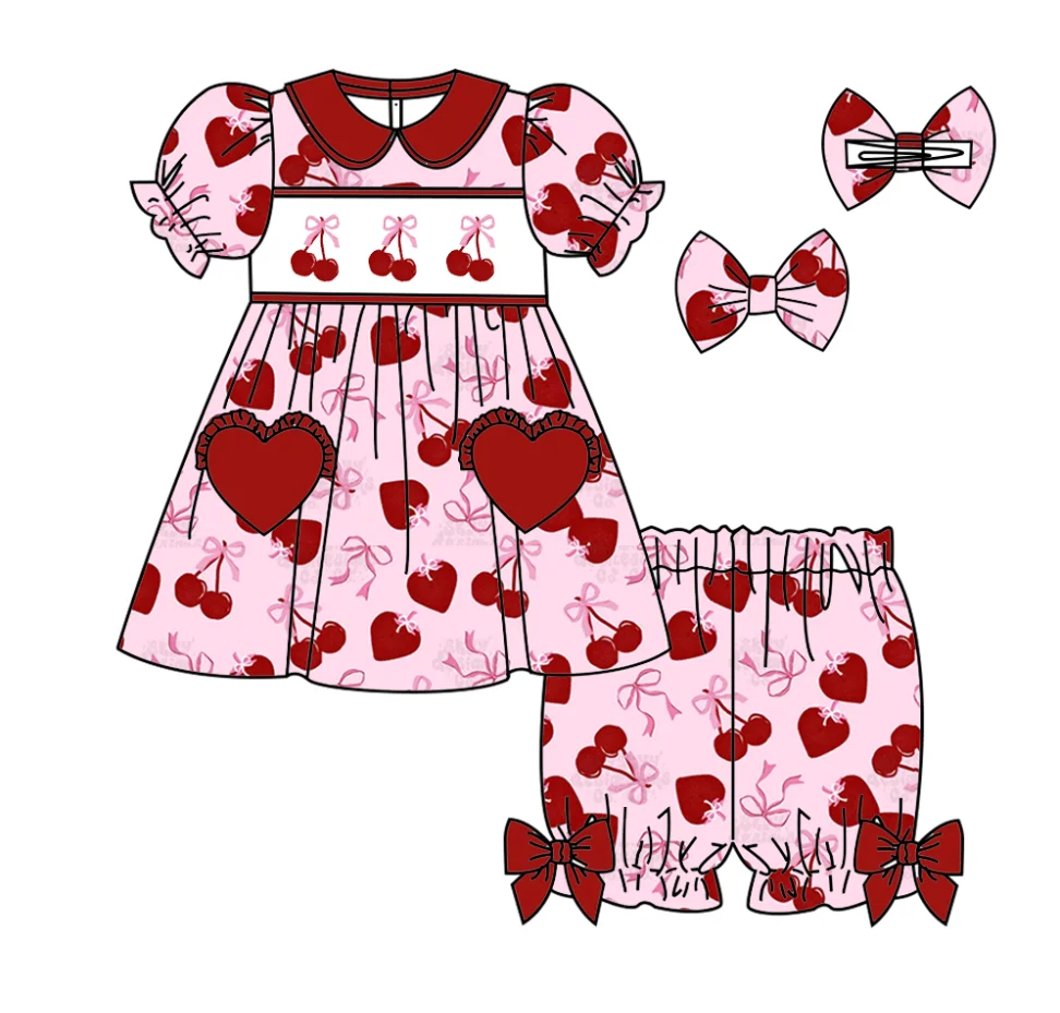 Roupas boutique infantis para o dia dos namorados, pijamas personalizados de seda de leite combinando para meninos e meninas, design de bolso de coração cereja