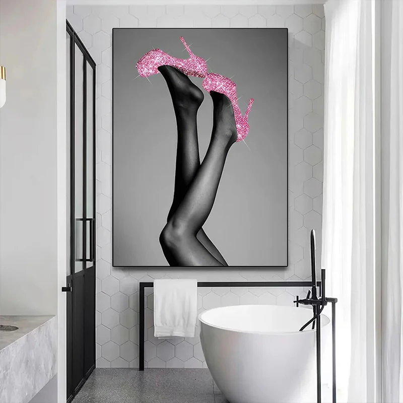 Black and Pink Fashion Pink Woman Canvas Posters Frameless Toilet Posters Canvas Art Posters for Washroom Bathroom Decorations