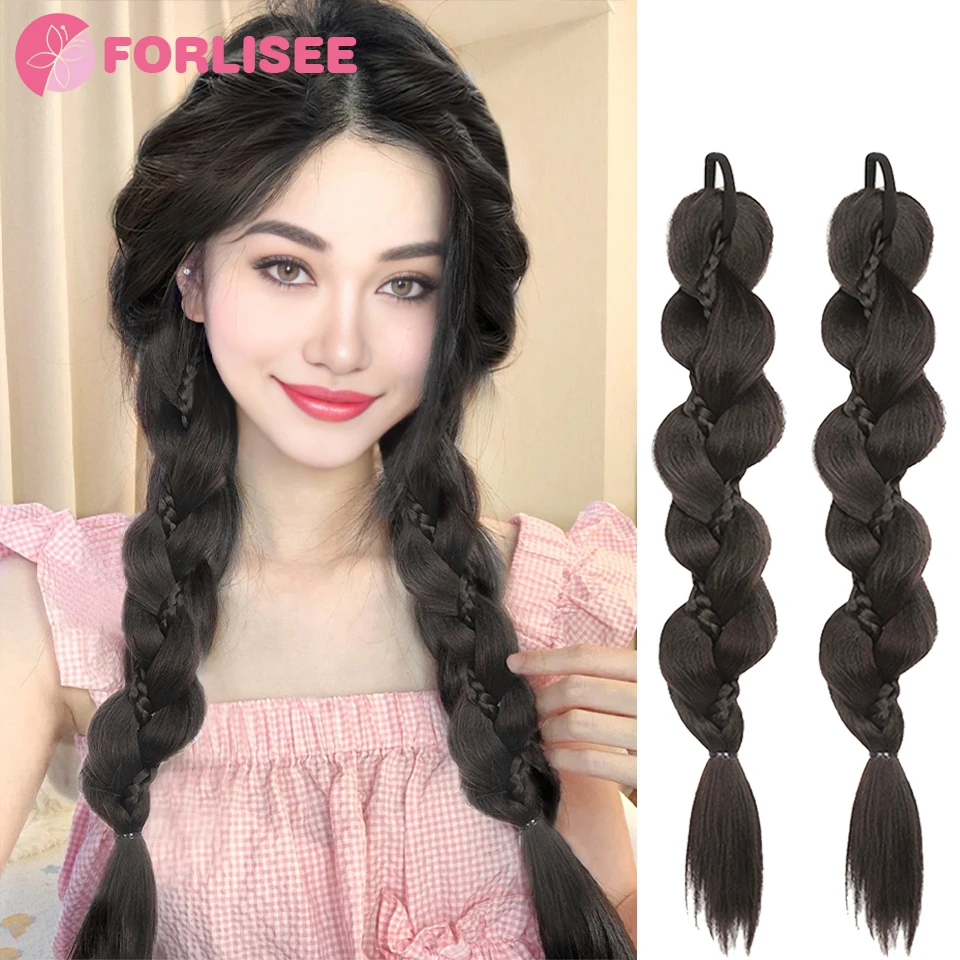 Synthetic Long Twist Braid Ponytail Extensions With Rubber Band 24 Inch Boxing Braided Hair Extensions For Women Daily Use