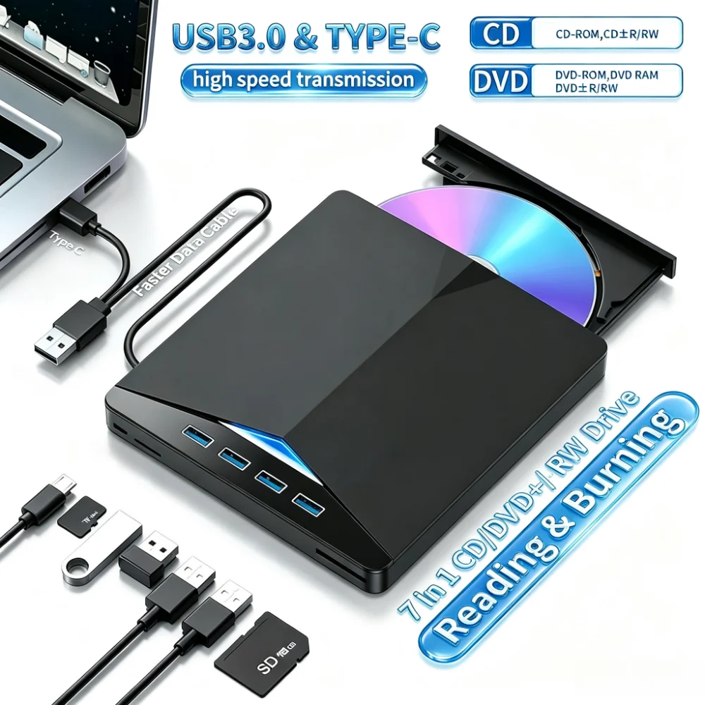 7 in 1 USB 3.0 Type C TF SD External CD DVD RW Optical Drives DVD Burner Recorder Reader Player Tray Type For Laptop PC Notebook