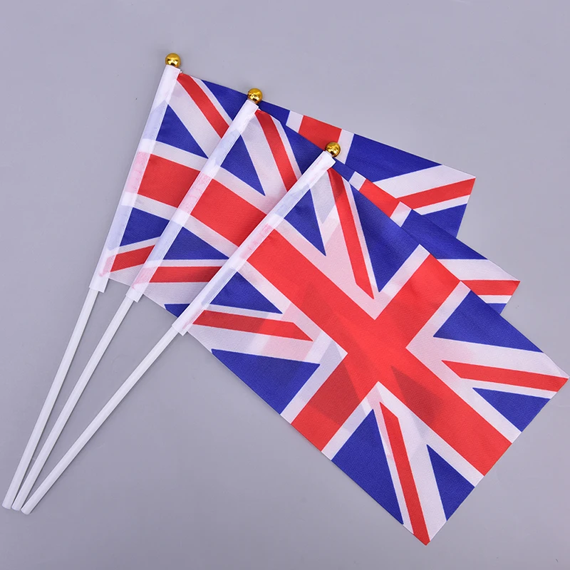 10 Banderas de Mano con la Bandera del Reino Unido y Asta, Decoración para Fiestas y Días Festivos