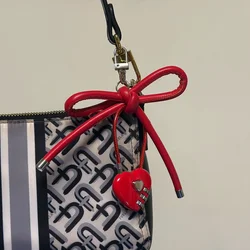 Y2K Vintage Red Leather Rope Bow Love Heart Lock Keychain Harajuku Korean Fashion Purse Charm Bag Pendant Decor Women's Keyring