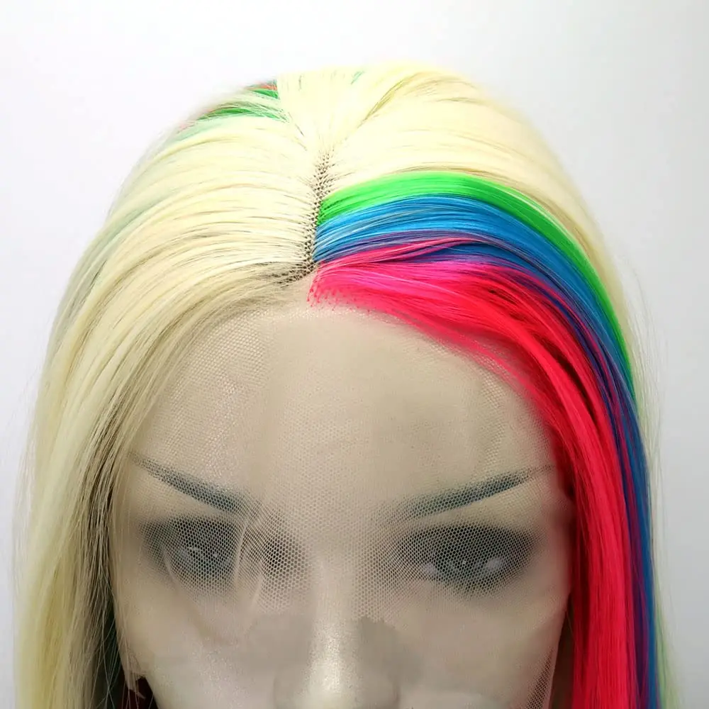 613#Mixed Blonde Colorful Wig Synthetic Rainbow Lace Front Wigs Long Silky Straight Wig Heat Resistant Fiber Long Wigs Cosplay