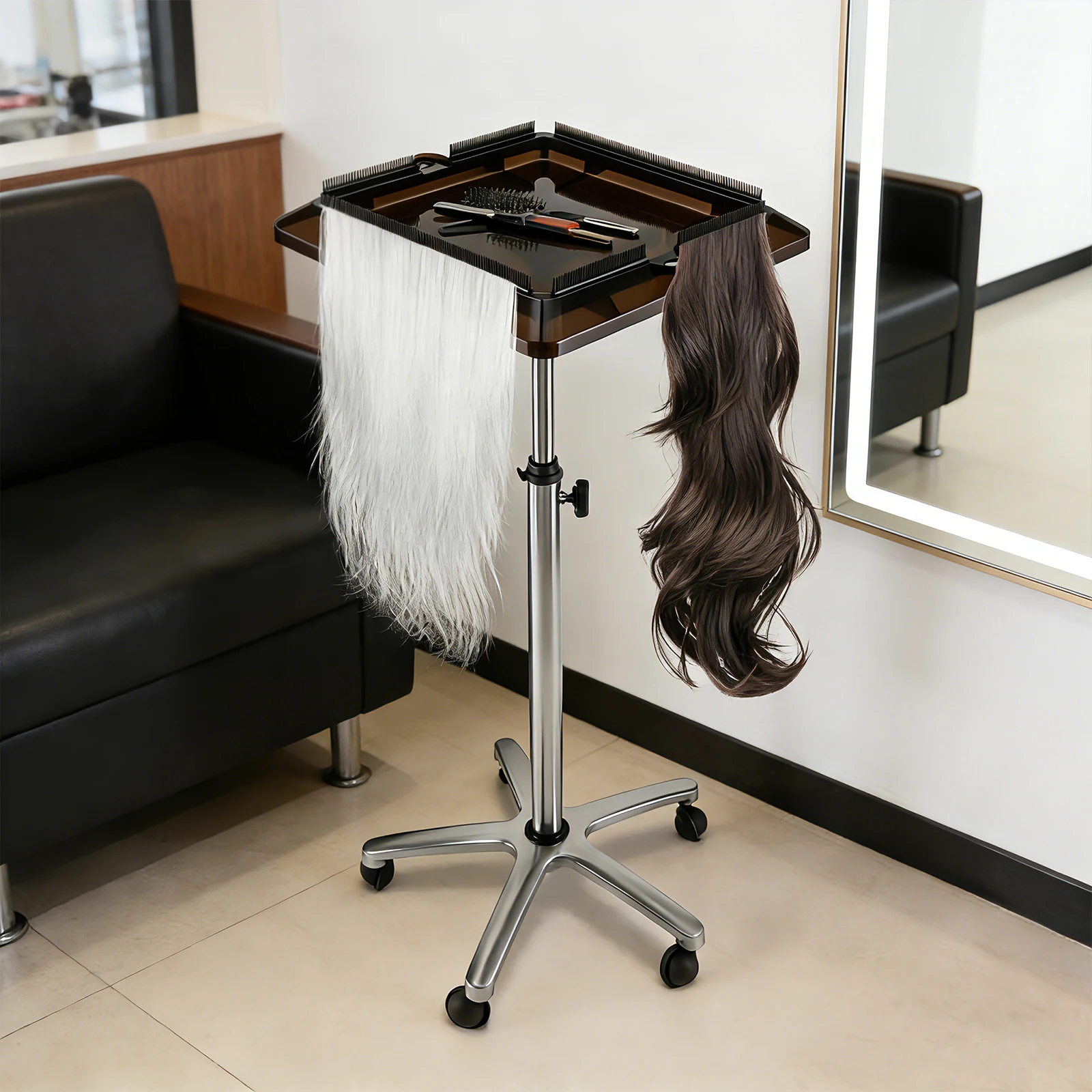 

RustyVioum Hair Extension Holder, Rolling Salon Hair Extension Tool, Stainless Steel Tray Cart Height Adjustable, Removable Hair