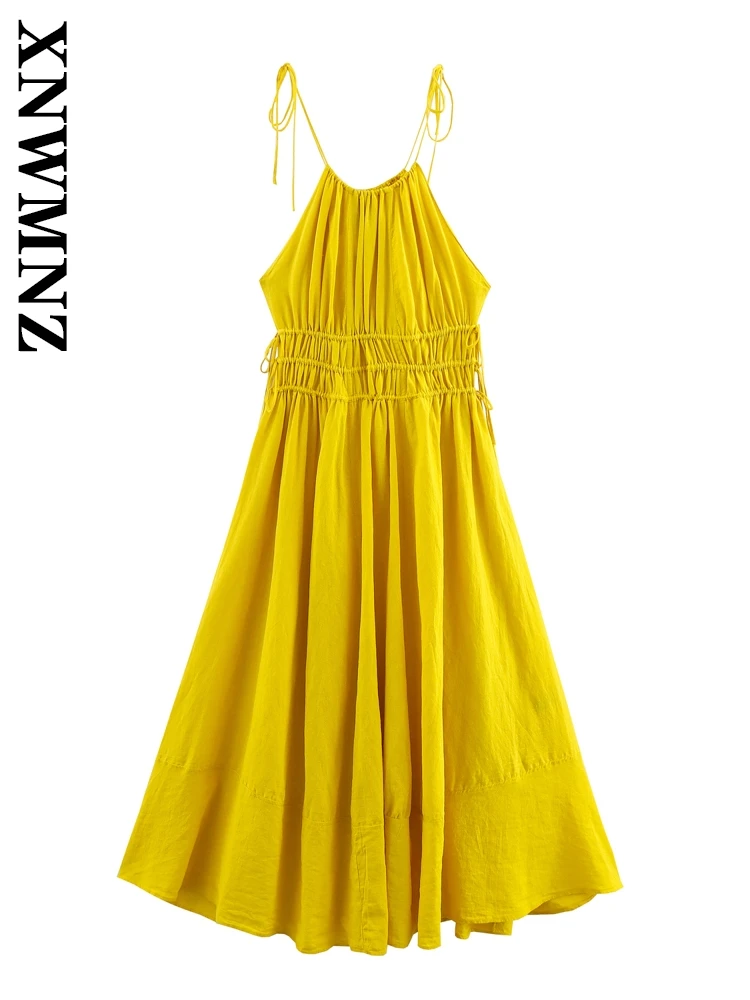 

XNWMNZ 2025 Summer Woman Simple Sexy Shoulder Backless Linen midi Pleated dress Holiday Chic Woman's Sleeveless Fashion Dresses