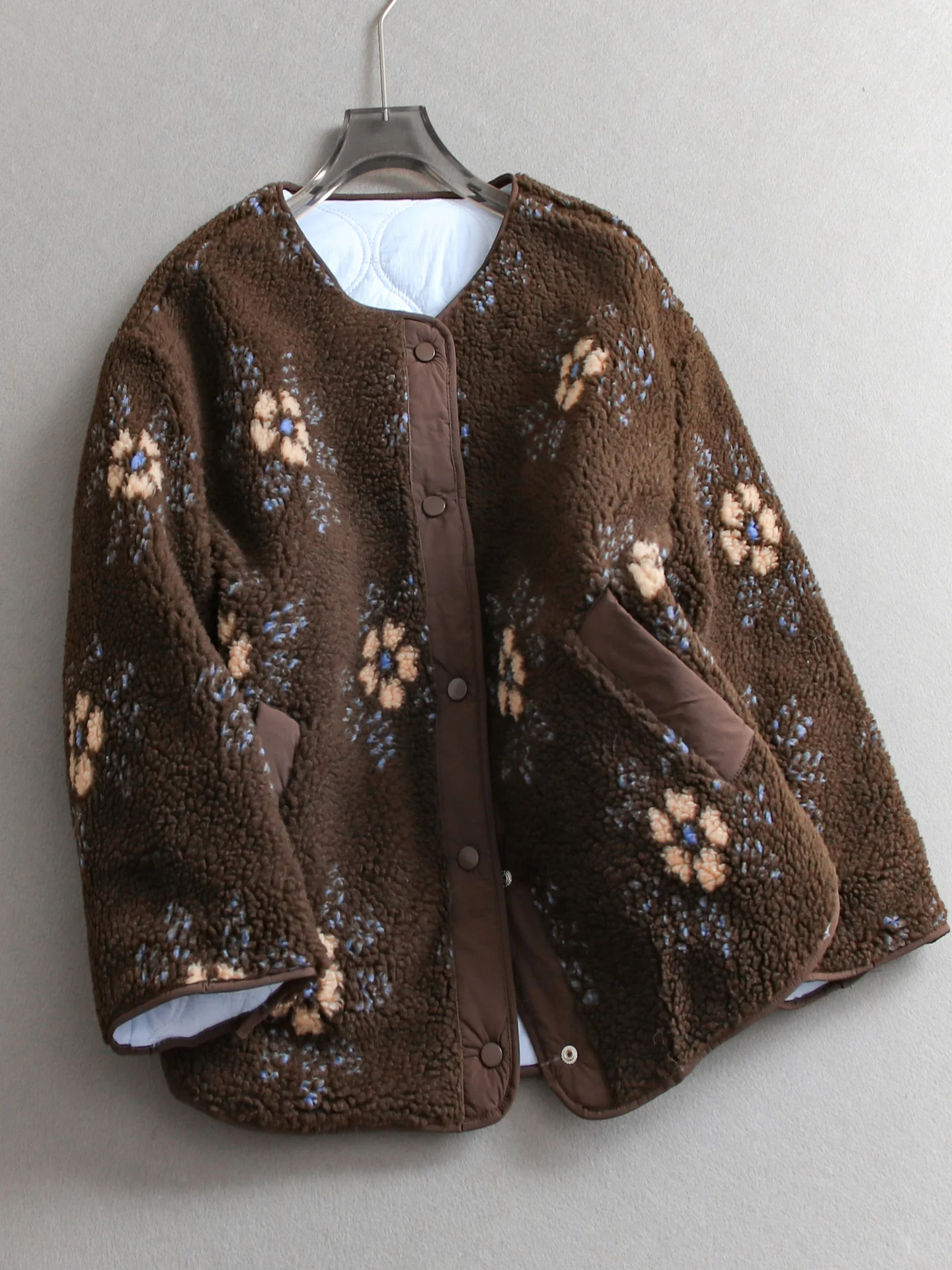 Double-Sided Wear Long Sleeve Cotton Jacket Women's Warmth Plaid Fluffy Lamb Skin Outerwear Casual Style round Neck Coat
