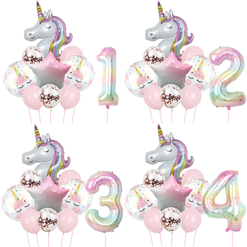 10pcs/set Rainbow Unicorn Party Balloons 40inch Gradient Color Digital Foil Balloons for Child Birthday Party Baby Shower Decor