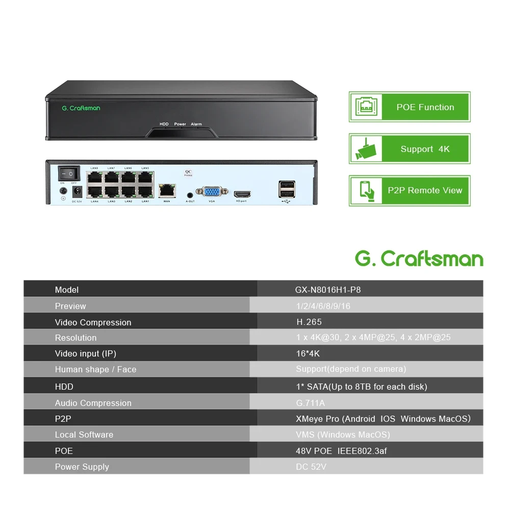 XMeye 8ch POE NVR 4K Support 16ch Network Video Recorder Register H.265X 1 HDD 24/7 Recording IP Camera P2P System Security image 2