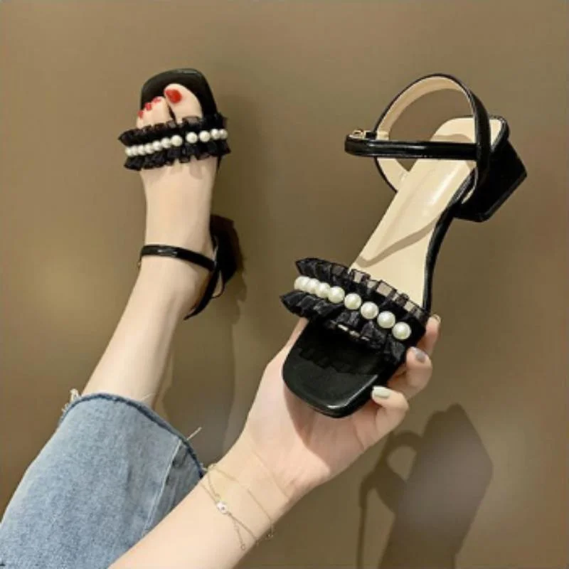 

Lace Pearl Square Toe Block Heel Sandals, One-Strap Back Buckle High Heels for Women, Summer Gentle Fairy Sandals