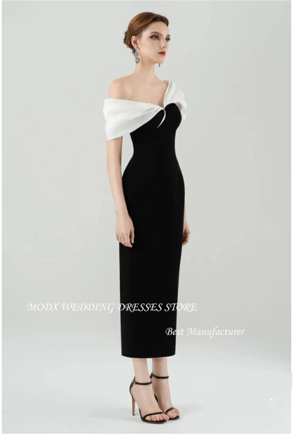 MODX elegancka czarna biała suknia wieczorowa linia A satynowa z odkrytymi ramionami długość do herbaty zakładka sukienka na przyjęcie urodzinowe sukienka koktajlowa