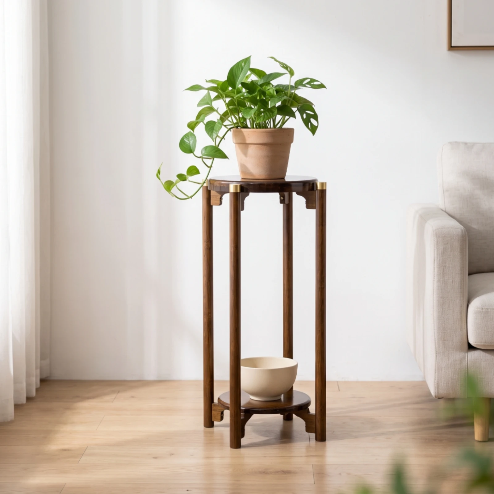 Bamboo Plant Stand Space-Saving Two-Tier Plant Stand Flower Pot Holder Compact Furniture Long-Lasting for Living Room, Balcony