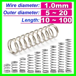 304 Stainless Steel Spring Wire Diameter 1.0mm Compress Pressure Spring Rotor Return Buffer Cylidrical Coil Od 5mm~20mm 10pcs
