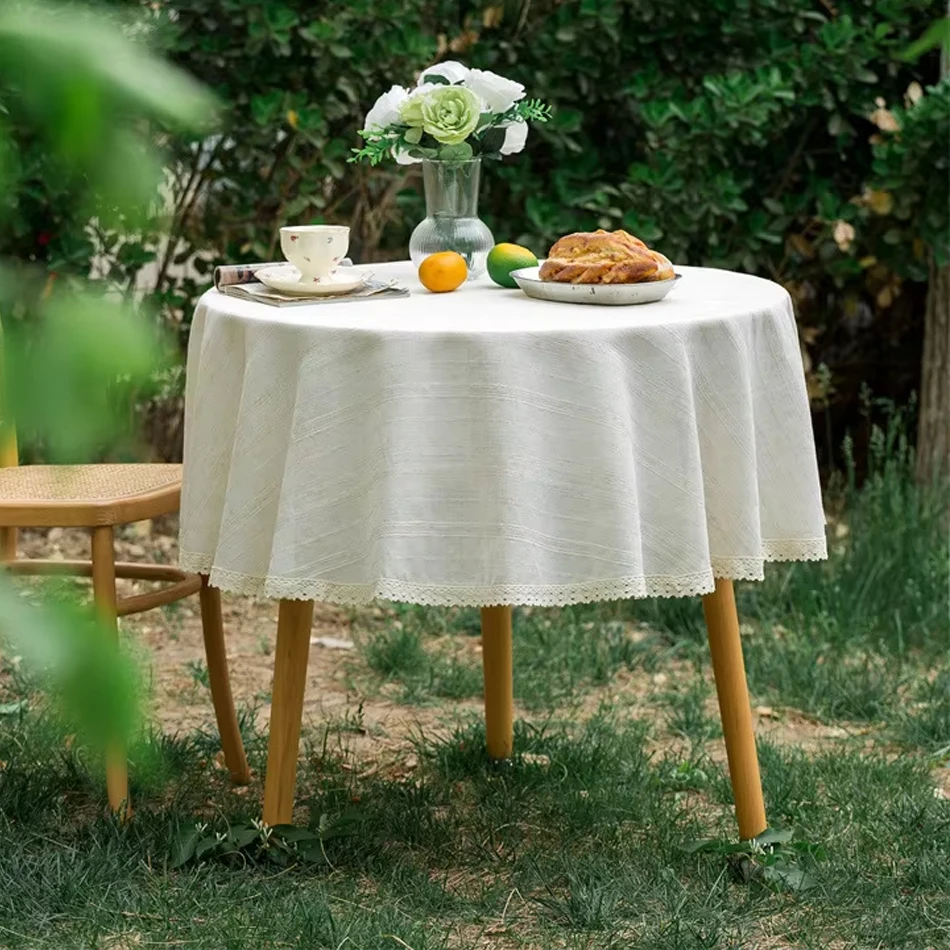 Linen Cotton Round Tablecloth Ruffle Table Cloth Vintage Dining Table Cover For Kitchen Coffee Table Party Birthday  Decor