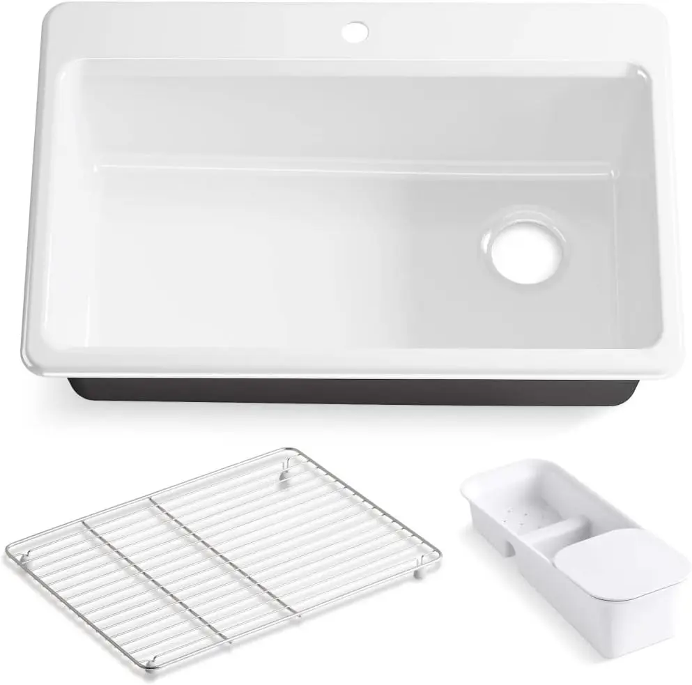 

Kohler K-5871-1A2-0 Riverby 33"" Top-Mount Single-Bowl Workstation Kitchen Sink, Cast Iron Kitchen Sink With Colander, Integral