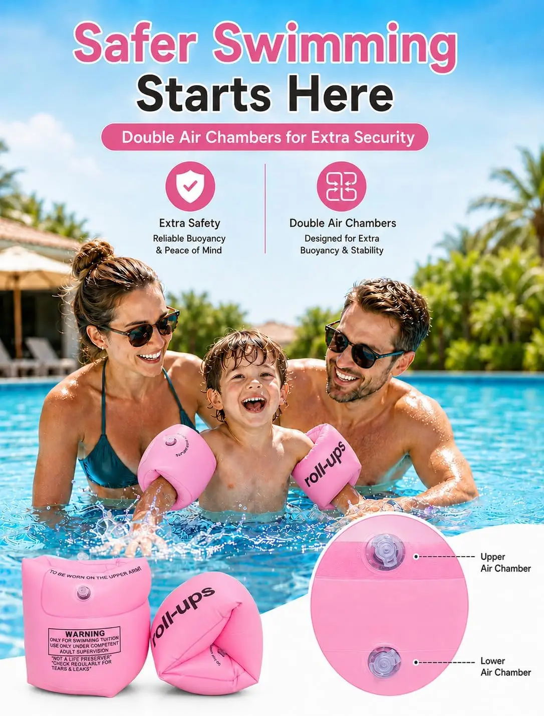 Arm Floaties for Kids & Adults, Inflatable Roll-On Swim Arm Bands, Pool Floaties for Kids 3-5, 6-12 yrs & Up to 150lb Adult, Learn to Swim Water Wings for Boys Girls