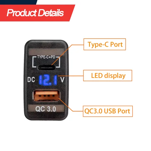 Imagen 2 del producto Cargador USB tipo C-PD QC3.0 para coche, adaptador USB Dual, voltímetro de enchufe para tablero para Toyota Tacoma FJ Cruiser Highlande Hilux 4Runner