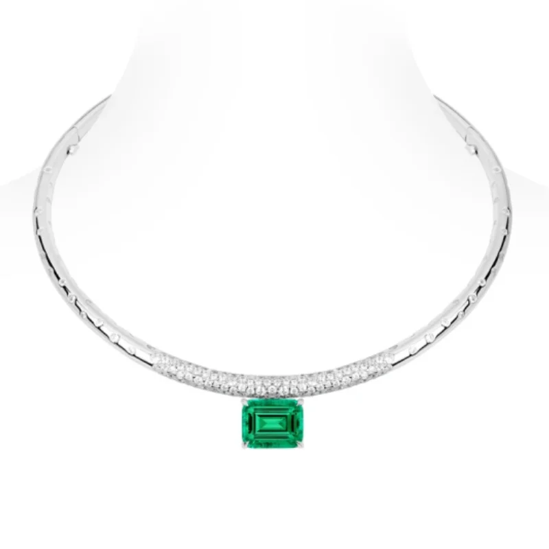 Bellux Fine Jewelry Pendant Torques 925 Silver Necklace Green Synthetic Zircon Emerald Square Light Luxury Fashion Jewelry