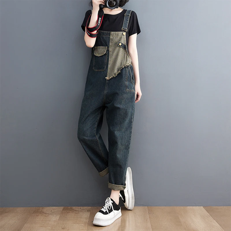 Loose Wide Leg Patchwork Denim Jumpsuit Women Rompers 2024 Vintage Streetwear Straps Baggy Pants Dungarees Casual Jeans Overalls