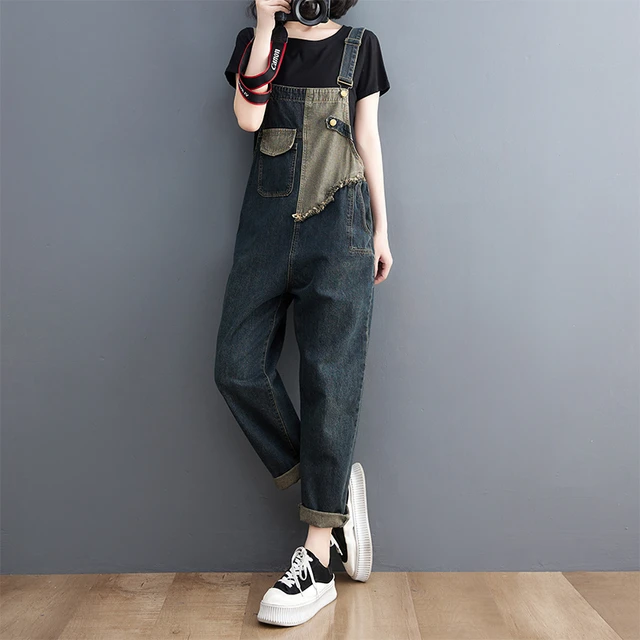 Womens black baggy dungarees fashion