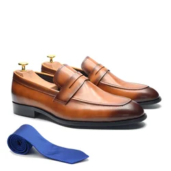 Luxury Brand Slip-On Men's Dress Shoes Genuine Leather Italian Penny Loafers Brown Blue Black Wedding Party Formal Footwear Male