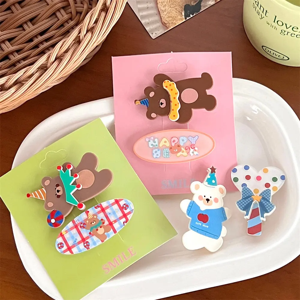 2Pcs Cute Cartoon Teddy Bear Hair Clip Combination Girl Makeup Clip Cute Acrylic Duckbill Clip