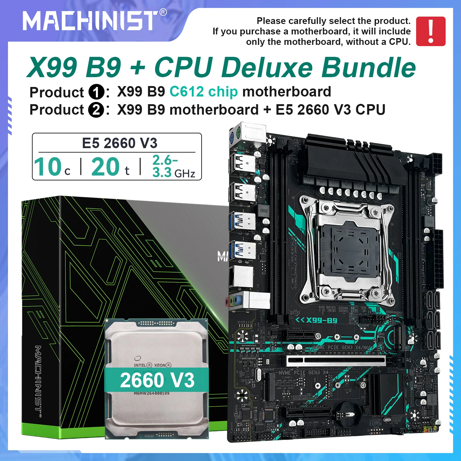 

MACHINIST X99 Motherboard B9 LGA2011-3 optional Kit Intel Xeon E5 2660 V3 CPU supports DDR4 memory and NVMe/SATA M.2 for Desktop