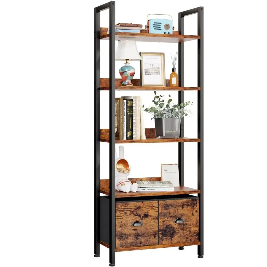 

Furologee 5Tier Bookshelf, Tall Bookcase with 2 Storage Drawers, Adjustable Industrial Display Standing Shelf Units, Wood and M