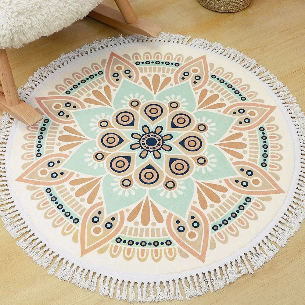 Round Rug Bedroom Tassel Carpet Bedside Mats Room Decor Bohemian Ethnic Floor Mat Home Decoration Machine Washable Area Rugs