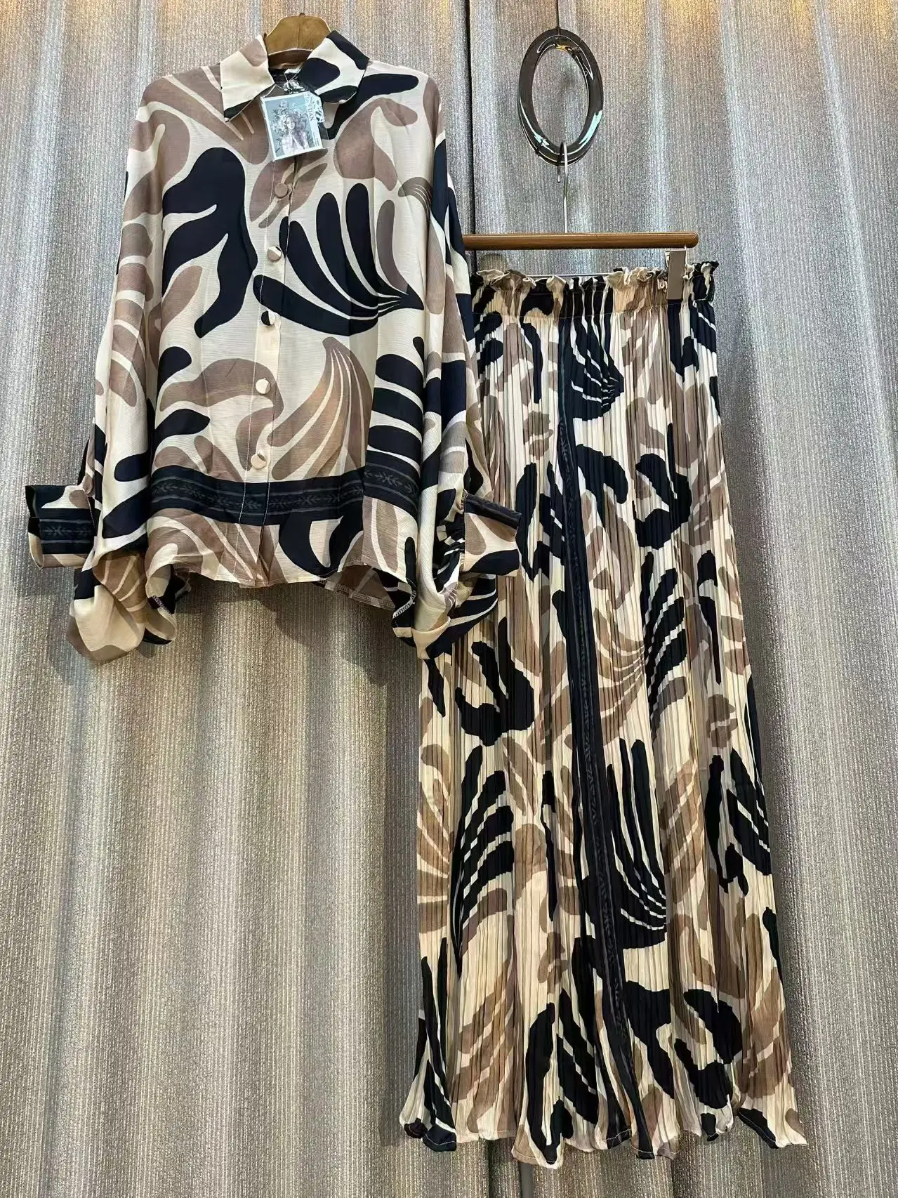 Herbst Grau Floral Zwei Stück Set Frauen Muslime Kleidung Pocelain Jacke Shirts Elastische Taille Breite Bein Lange Hosen 2 stücke Outfits