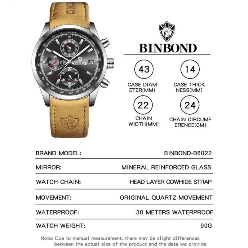 BINBOND Watches For Men 6022 Fashion Outdoor Multi Functional Quartz Watches Sports Leather Strap Waterproof Mens Watch Reloj