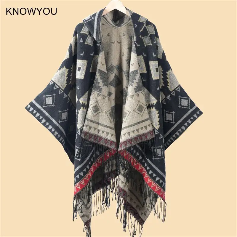 Ethnic Style Women's Hoodedcloak Slit Shaped Cape Travel Jacket Warmth Artificial Cashmere Poncho Men Coat Blanket Outerwear