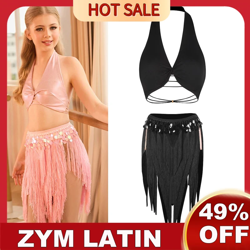 

ZYM New Latin Dance Competition Clothing For Girls Hanging Neck Top Tassel Skirt Latin Suit Children Chacha Latin Dress DQS22907