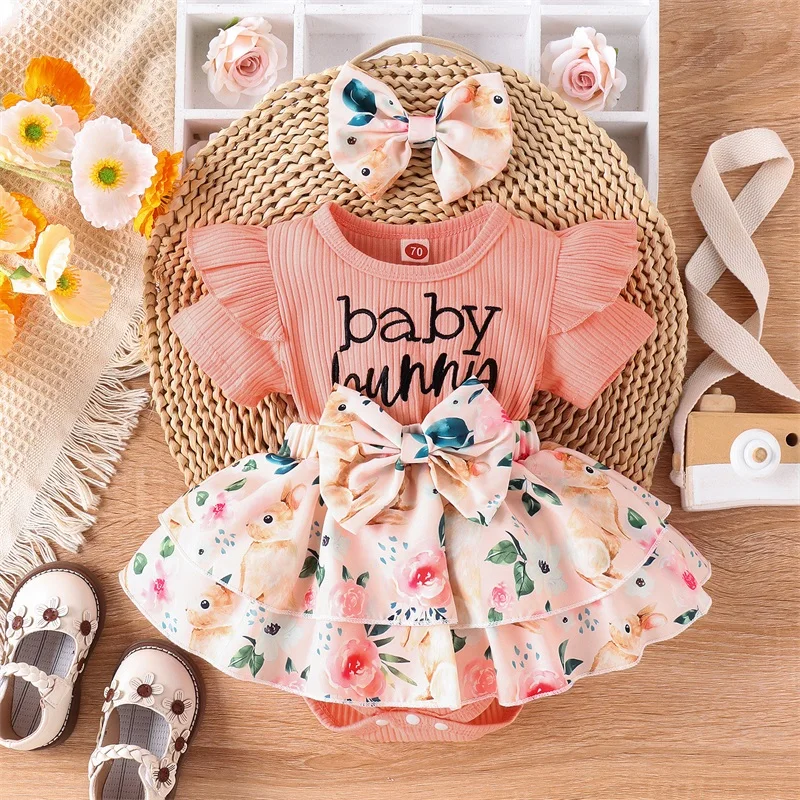 

Adorable Baby Girl Easter Outfit with Bunny Print Romper Dress and Matching 3D Bow Flower Headband - 2 Piece Set for Infant