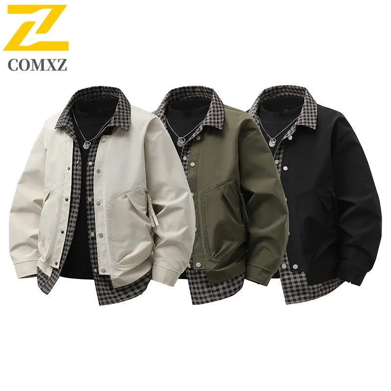 

COMXZ 2025 Мужская куртка в клетку из двух предметов для путешествий, пешего туризма, отдыха, ветровка, куртки, осенняя модная рабочая одежда больших размеров