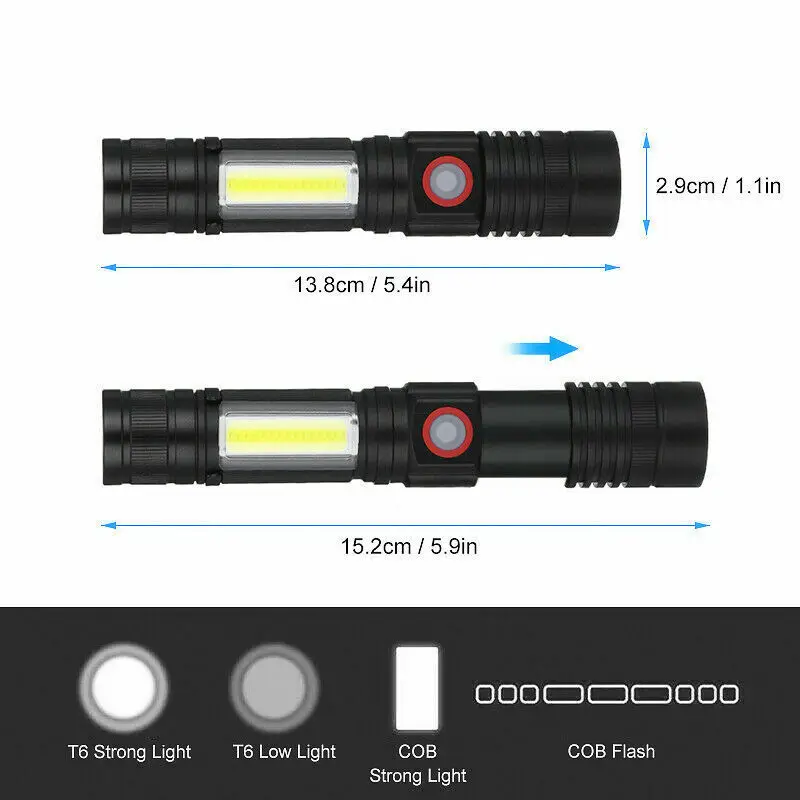 50000LM T6 + COB zoom LED flashlight USB rechargeable flashlight without magnetic base