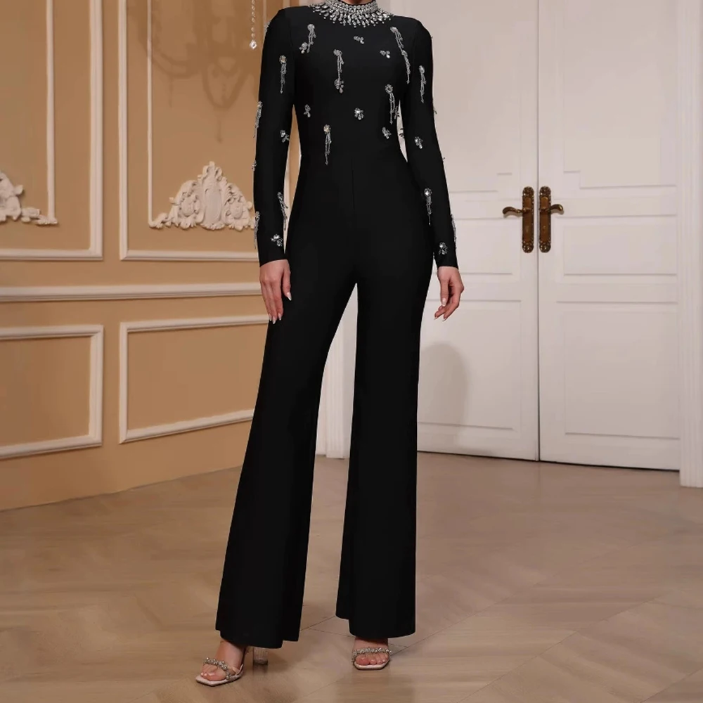 

Black long-sleeved slim-fit evening bandage jumpsuit heavy beaded flared trouser legs party ceremony-GZXX836