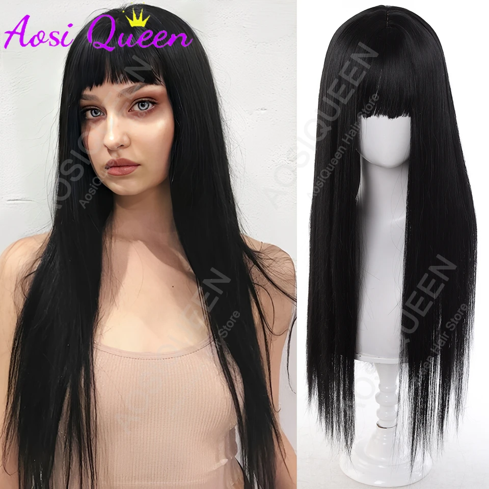 

24Inch Natural Black Wig Long Straight Synthetic Wig for Women Fashion Wig for for Daily Halloween Costume Party Cosplay ﻿