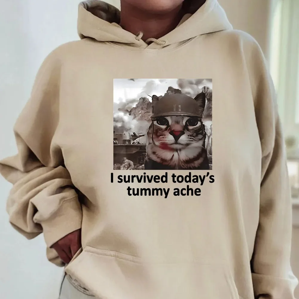 Meme CAT Cartoon Graphic Hoodies I Survived Today's Tummy Ache Letter Sweatshirts Aesthetic Funny Women Men Clothes Print Hoodie