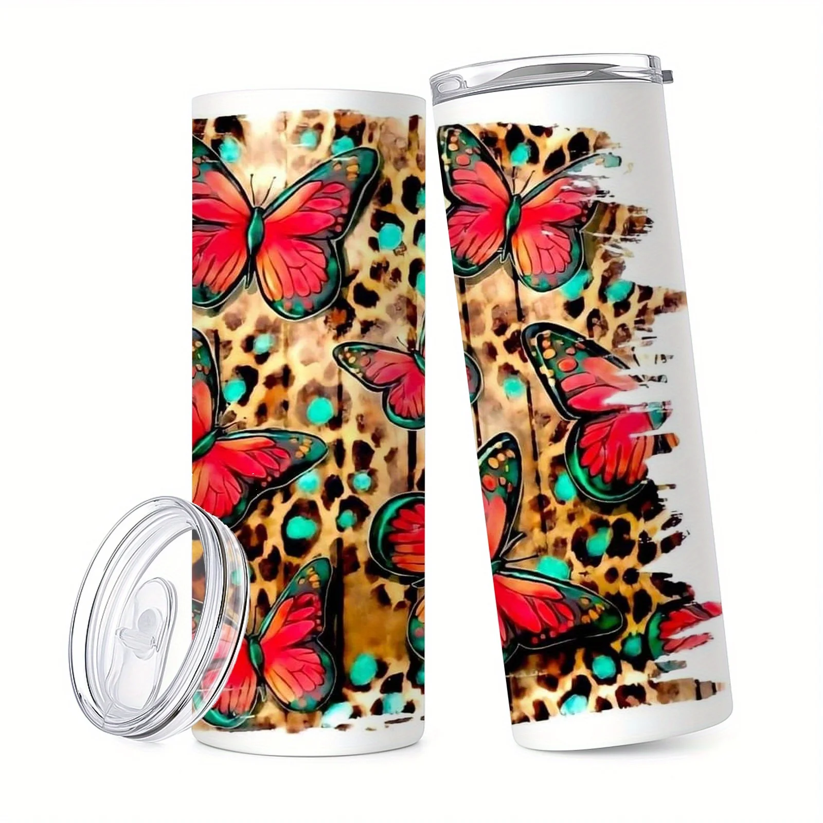 1pc 20oz Leopard Butterfly Tumbler with Lid And Straw, Hot for 12h, Cold for 24h. Coffee Mug, Vacuum Cup. Great Gift for Women, Girls, Fashion Lovers. Eye-catching Animal Print, Great for Car, Gym, Home Or Travel.