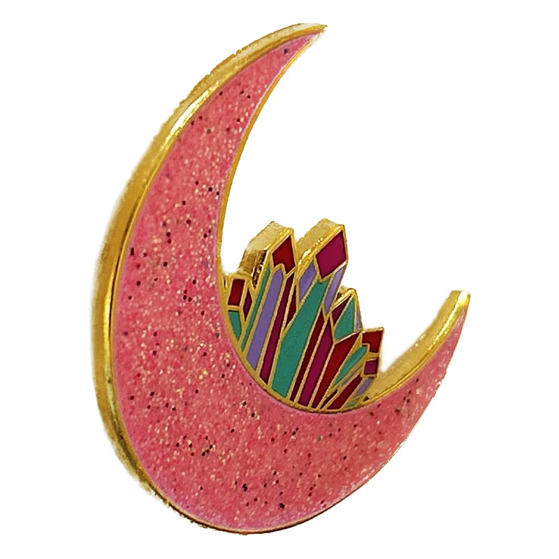 Bulk Beautiful Pink Moon Design Pin Cartoon Moon And Colored Diamonds Pink Glitter Gold Metal Hard Enamel Badge For Lovers Gift