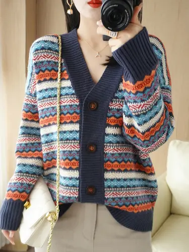 Thickened Striped Long-Sleeved Knitted Cardigan Women's Short Coat Sweater With Loose Sweater And Casual Warm Coat In Autumn And - Image 8