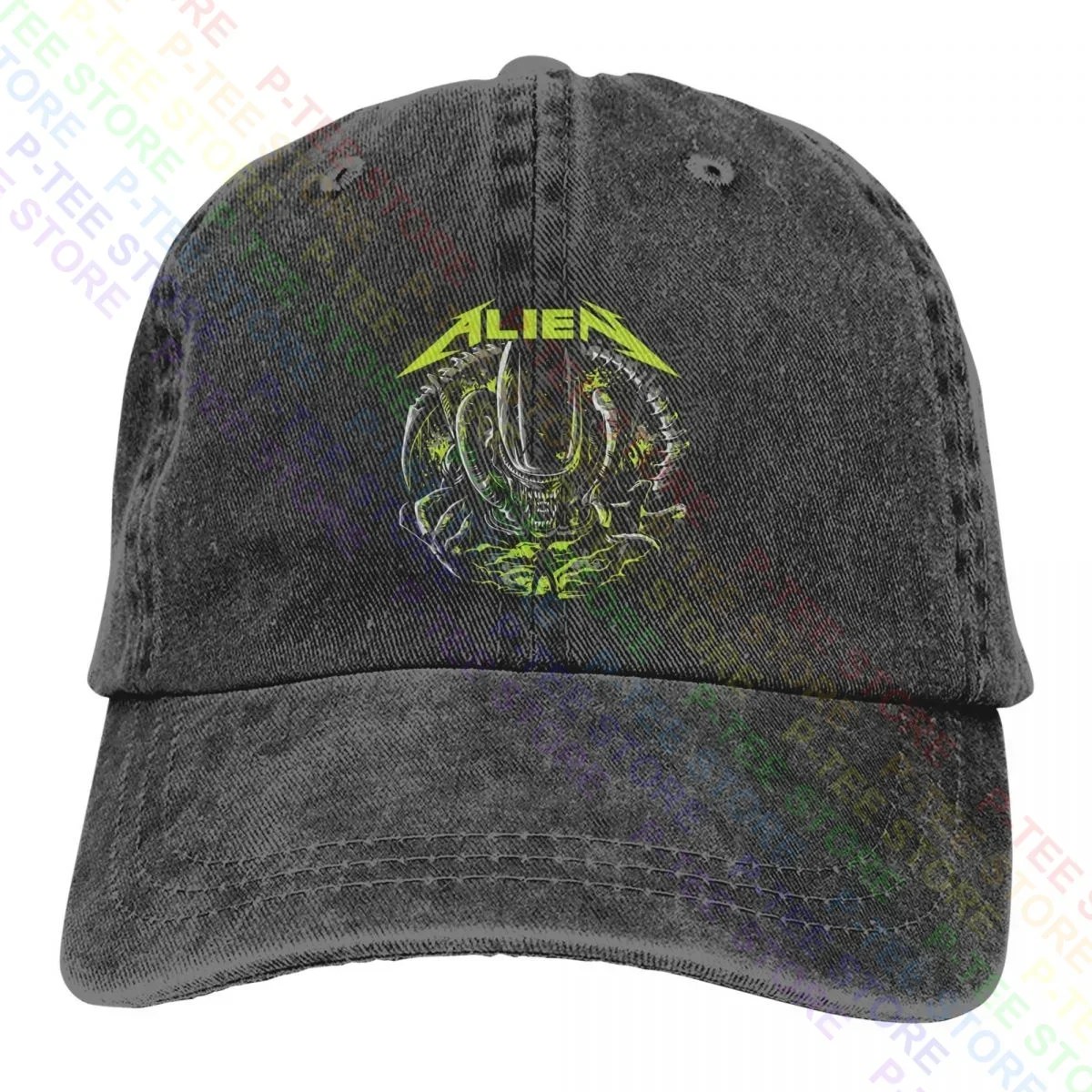 Creeping Death Alien Xenomorph Parody Metallic Rock Style Washed Denim Baseball Cap Trucker Hats Casual