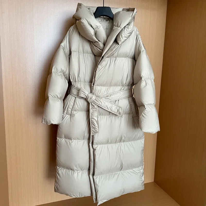 Luxury Style Fake Two Puffer Jacket Women Winter Long Hooded 90% White Duck Down Coat Thick Warm Loose Parkas Windproof Outwear