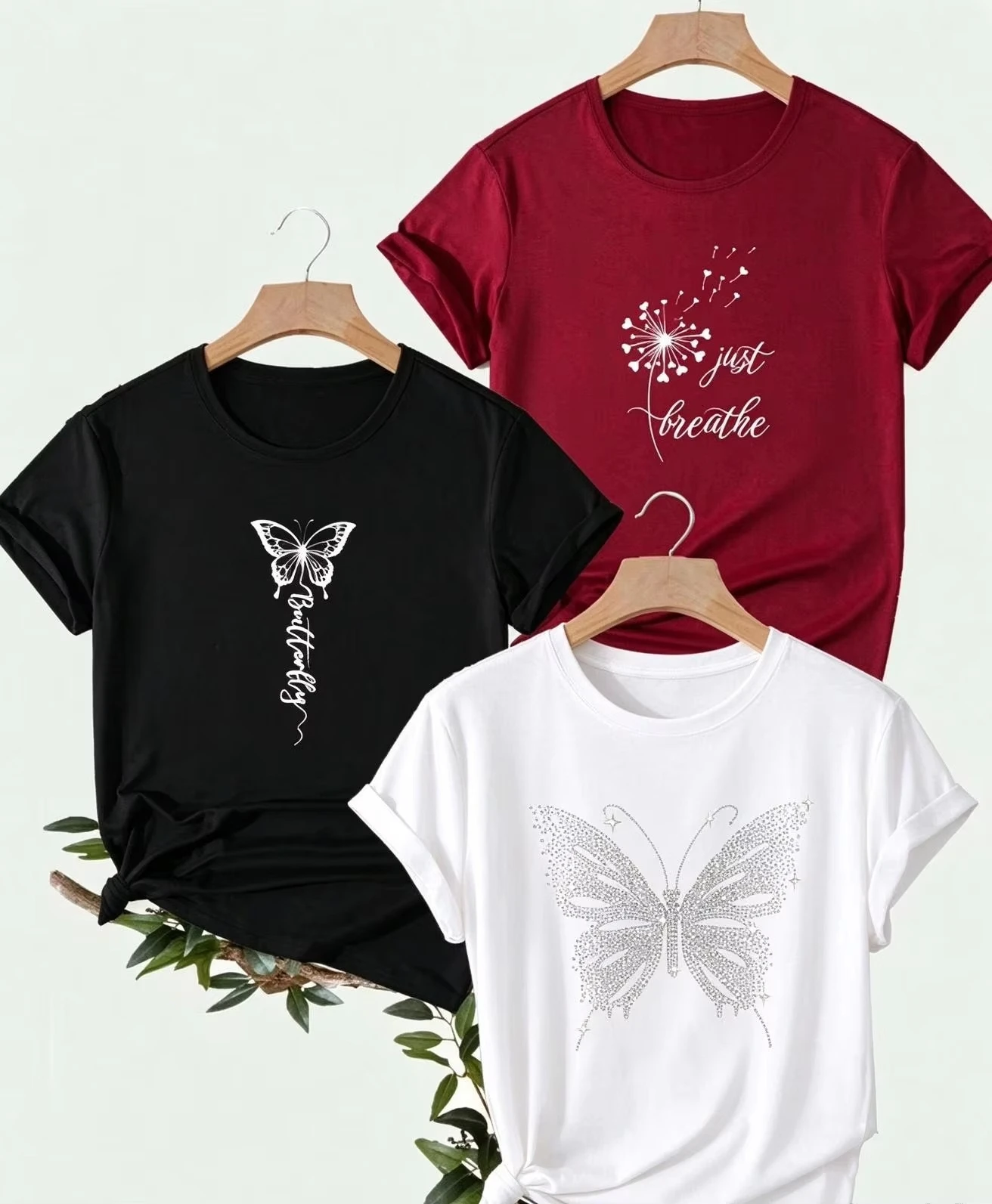 2026 Women 3-Pack Cottagecore Aesthetic Casual T-Shirt Multipack, Dandelion & Butterfly Graphic Print Tees, Soft Comfy Crew Neck Short Sleeve Tops For Female Daily Outfit