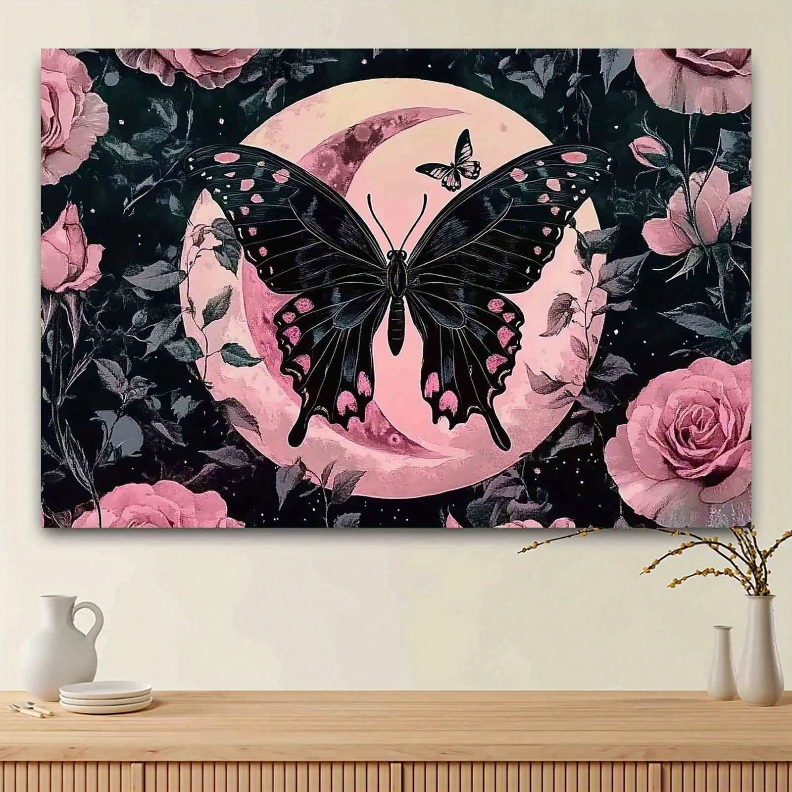 Pink Butterflies Bohemian Tapestry, Moon Star Wall Hanging, Single-Side Print, Washable Bedroom Party Backdrop Decor