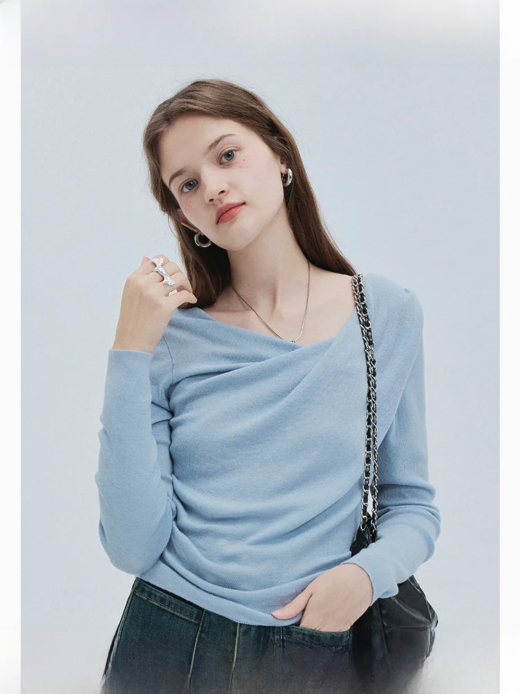 Eggka Swing Collar Silm Knitwear Female 2024 Spring Slish Fashion Special-Interest Chic Slimming Long Sleeve Top