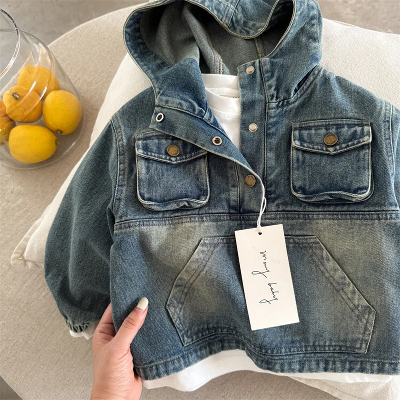 Autumn New Boys and Girls Hooded Denim Jacket Baby Retro Pullover Trendy Children's Jacket 2025