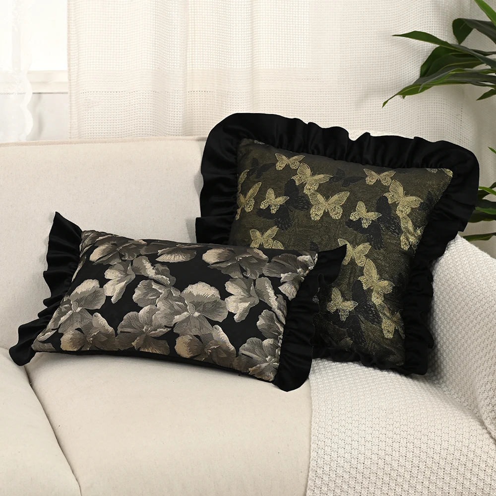 BUYNOW Black Dutch Velvet Colorful Hemp Jacquard Print Pillowcase Vintage Pastoral Lace Sofa Cushion Cover Home Bedroom Decor