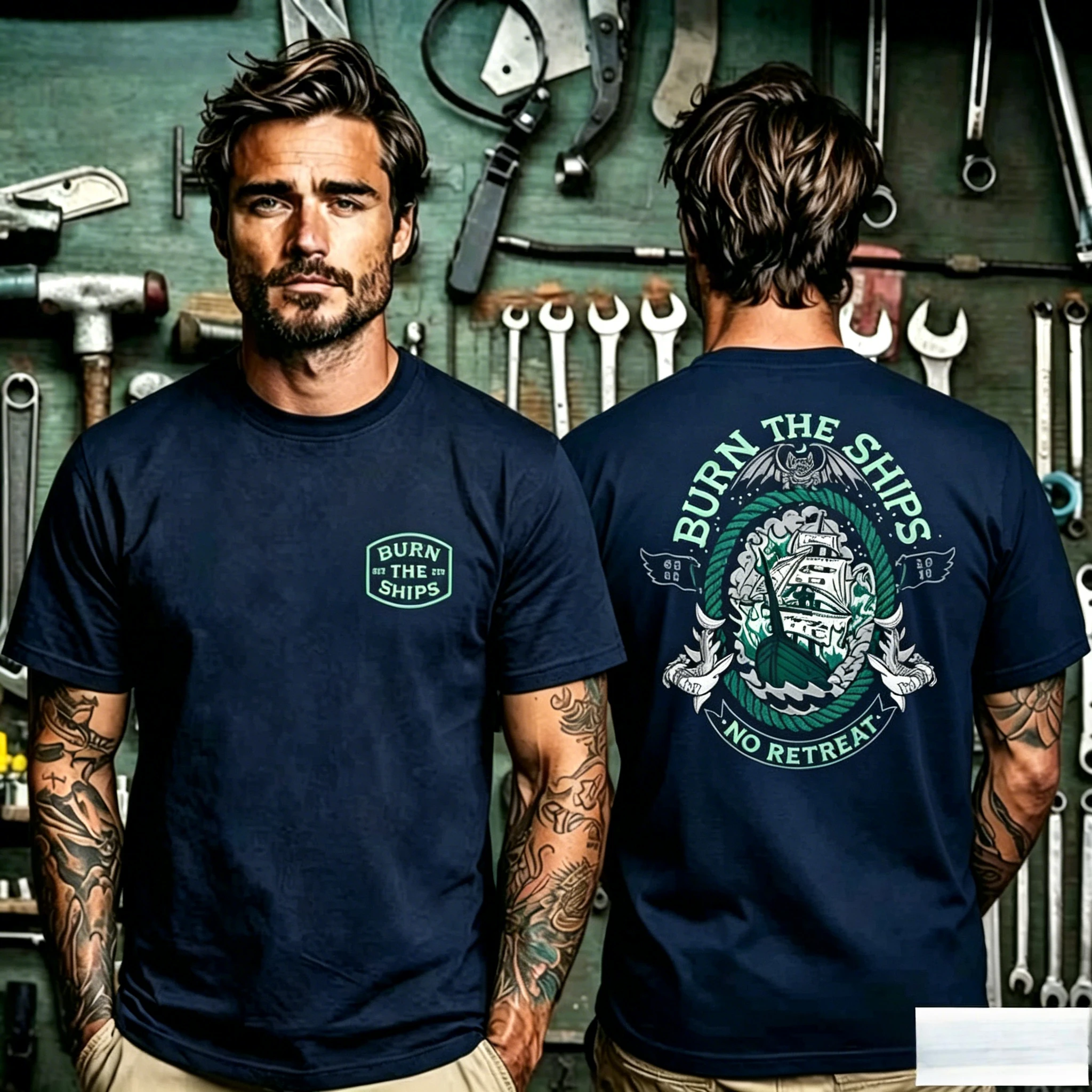 Nautical Sailboat Print T Shirt, Tiny Burn The Ships Hex Badge on Chest and Oversized Old‑school Sailing Ship Graphic